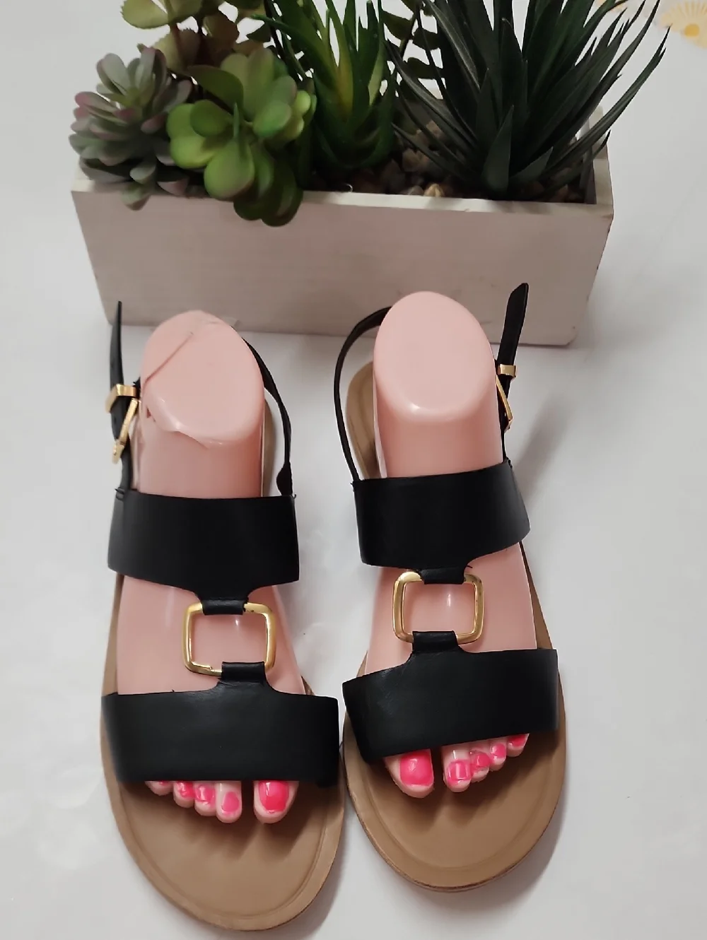 Black Strappy Women's Sandals with Gold Buckle